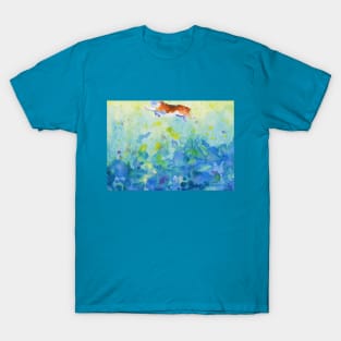 Corgi swimmer in sunlight and sea waves T-Shirt